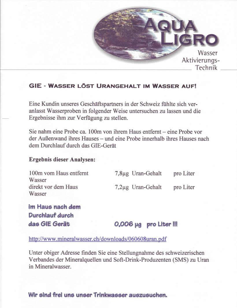 Bericht über Urangehalt im Wasser und wie sich dieser verändert bei verwendung des Gie-Wasseraktivators (Teil 1)
